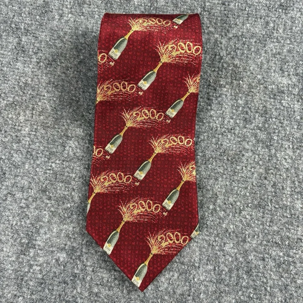 Vintage Y2K Jos A Bank Tie Men Red Silk Millennium 2000 New Year's Champagne USA